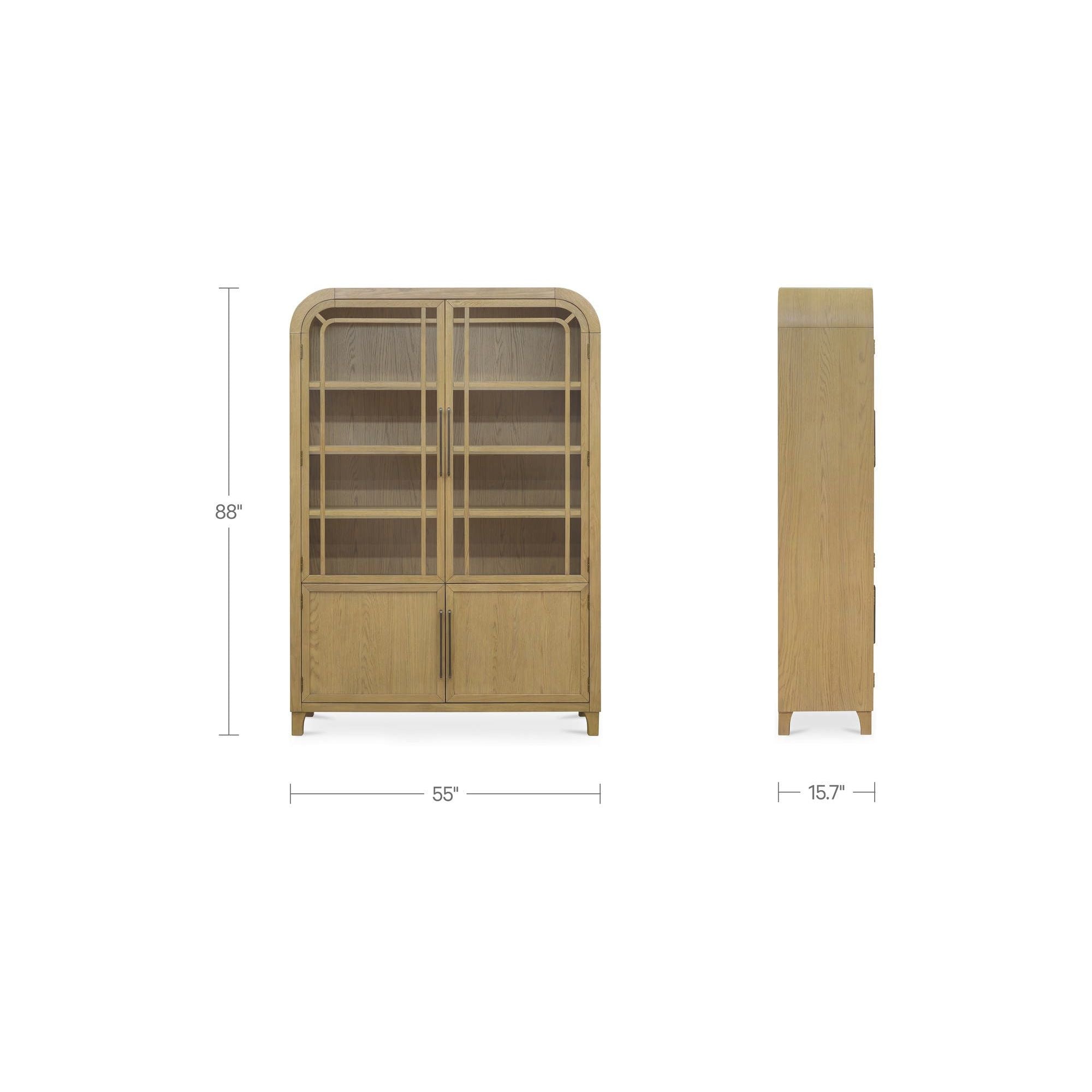Meuble vitrine en bois naturel et verre avec étagère ouverte pour salon