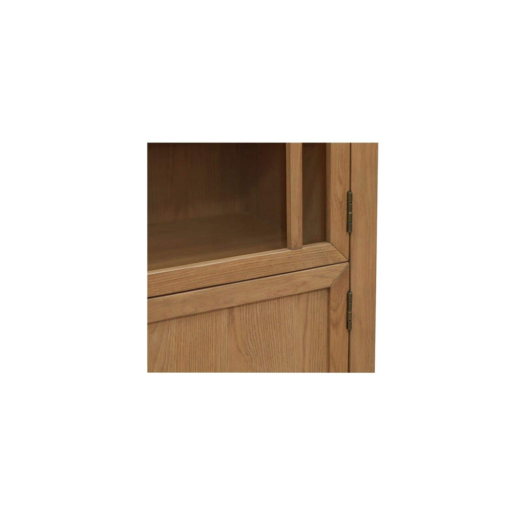 Meuble vitrine en bois naturel et verre avec étagère ouverte pour salon