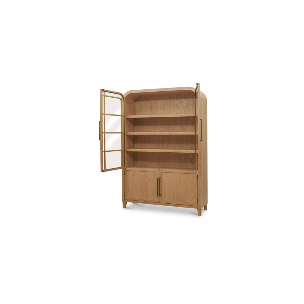 Meuble vitrine en bois naturel et verre avec étagère ouverte pour salon