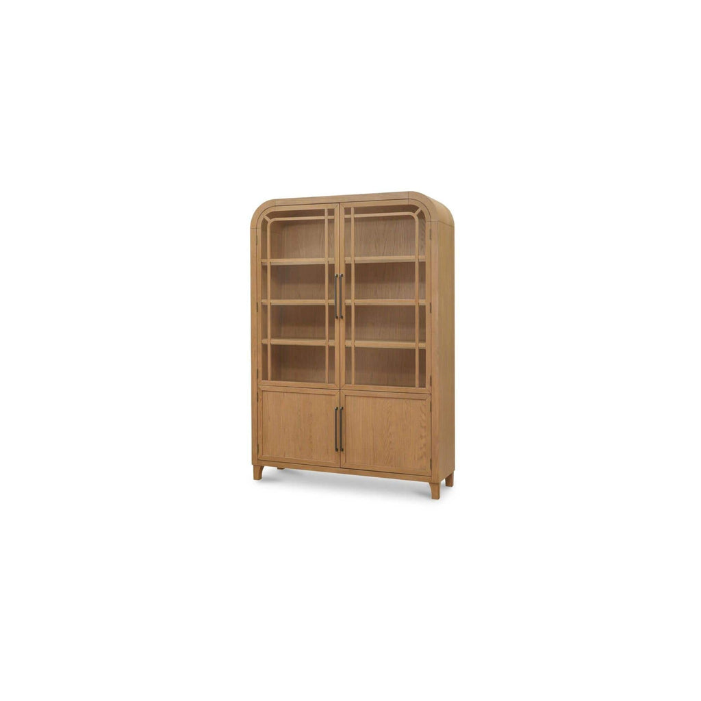 Meuble vitrine en bois naturel et verre avec étagère ouverte pour salon