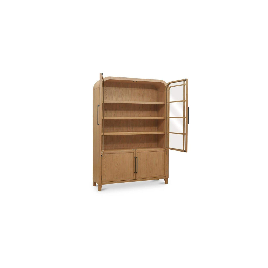 Meuble vitrine en bois naturel et verre avec étagère ouverte pour salon