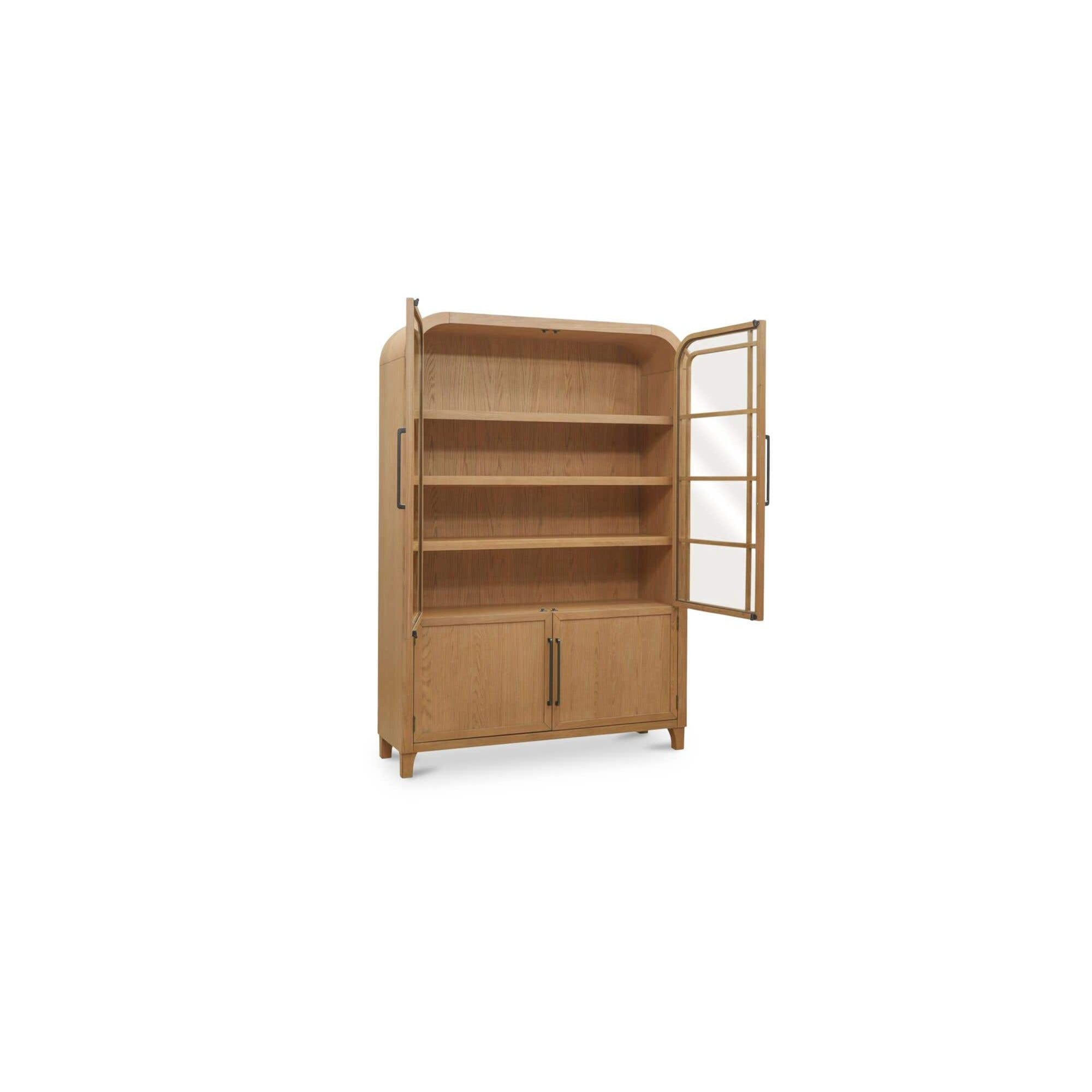 Natural Wood & Glass Cabinet with Open Display Shelf for Living Room