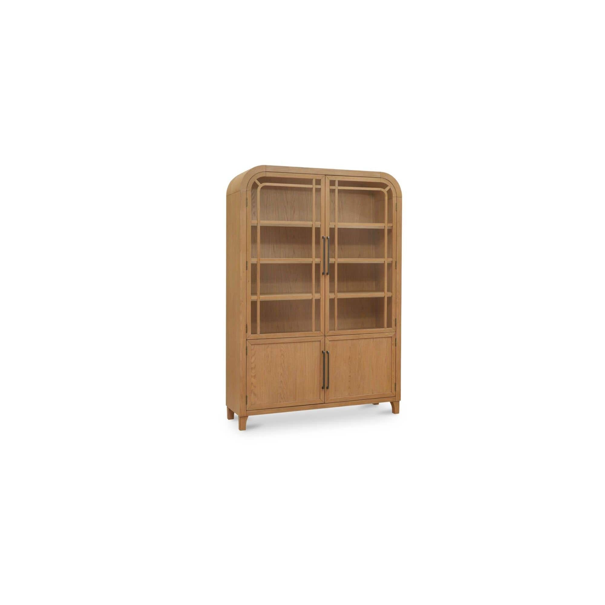 Natural Wood & Glass Cabinet with Open Display Shelf for Living Room