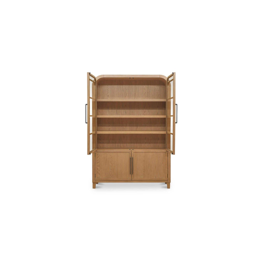 Meuble vitrine en bois naturel et verre avec étagère ouverte pour salon