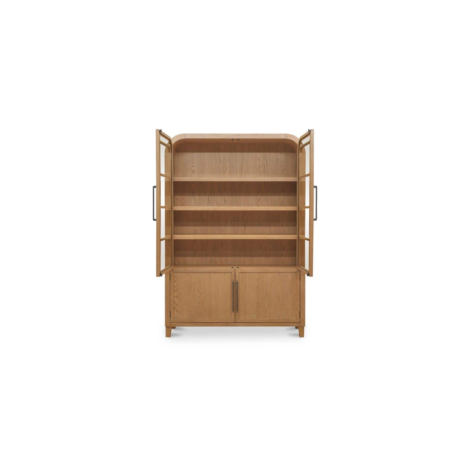 Natural Wood & Glass Cabinet with Open Display Shelf for Living Room