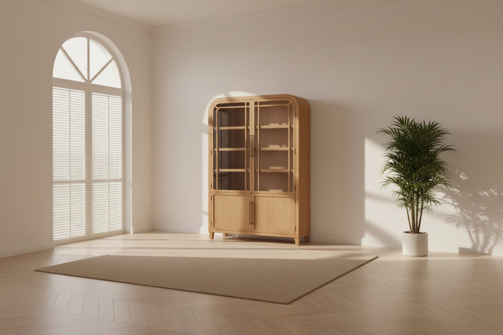 Meuble vitrine en bois naturel et verre avec étagère ouverte pour salon