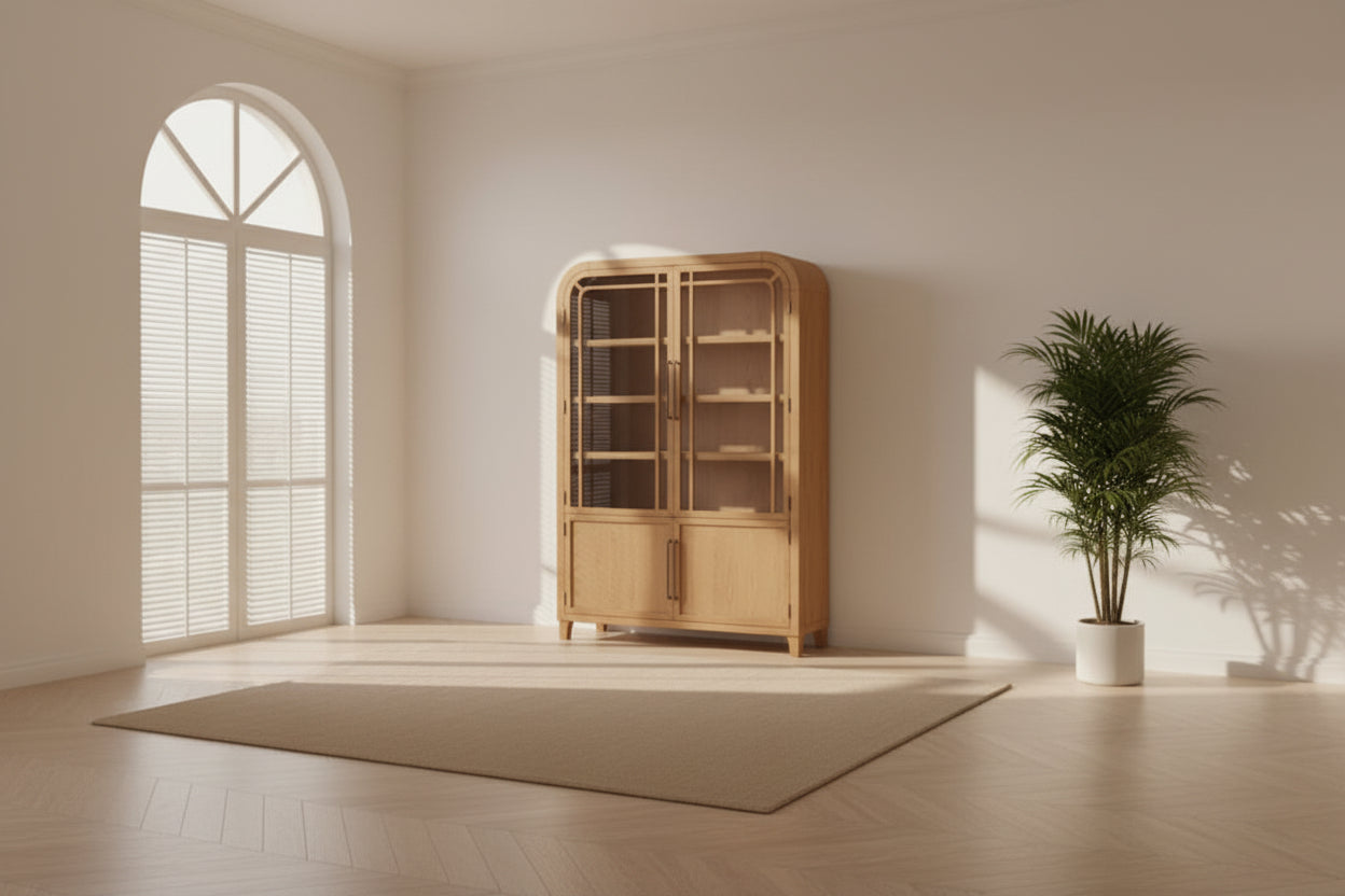 Natural Wood & Glass Cabinet with Open Display Shelf for Living Room