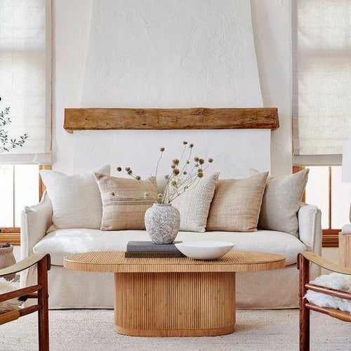 Boho Rattan & Wood Coffee Table with Woven Top for Living Room