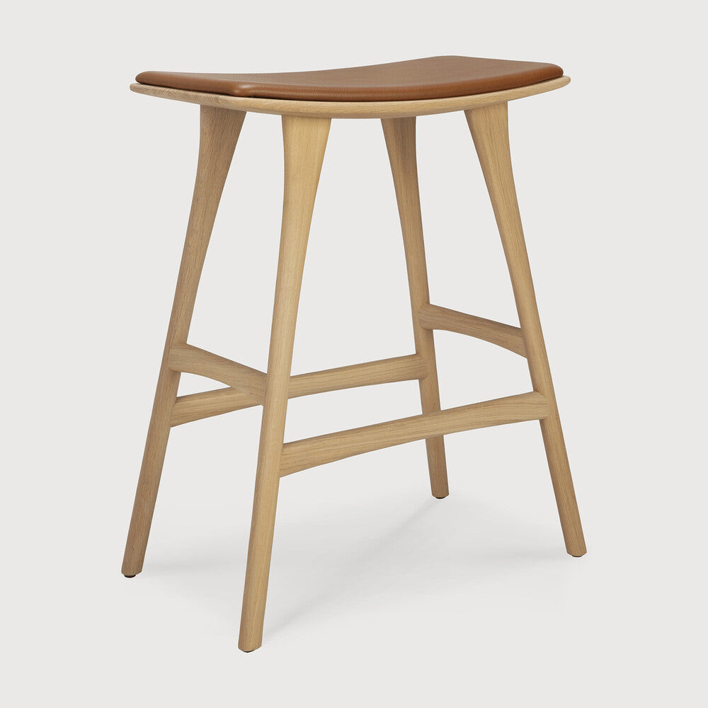 Tabouret de salle à manger en chêne et cuir scandinave avec assise coussinée