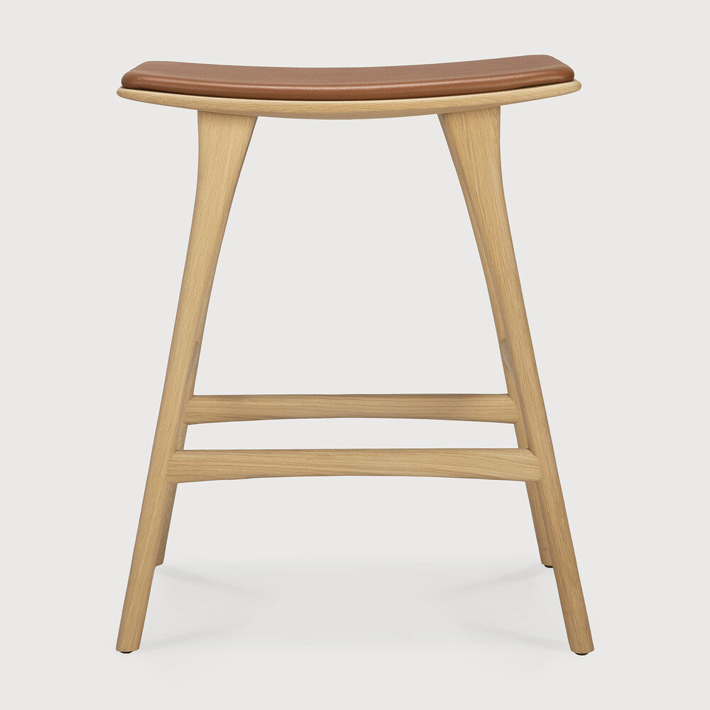 Scandinavian Oak & Leather Dining Stool with Cushion Seat for Dining Room