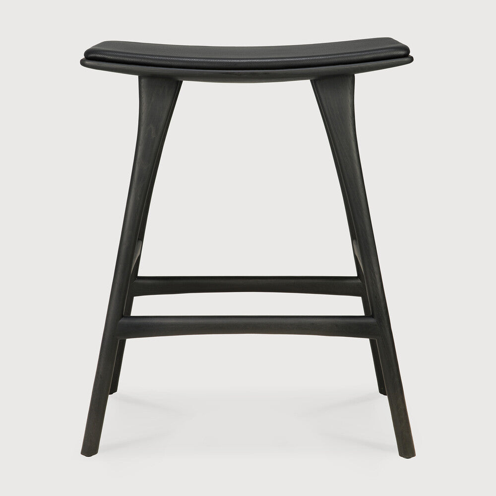Scandinavian Oak & Leather Dining Stool with Cushion Seat for Dining Room