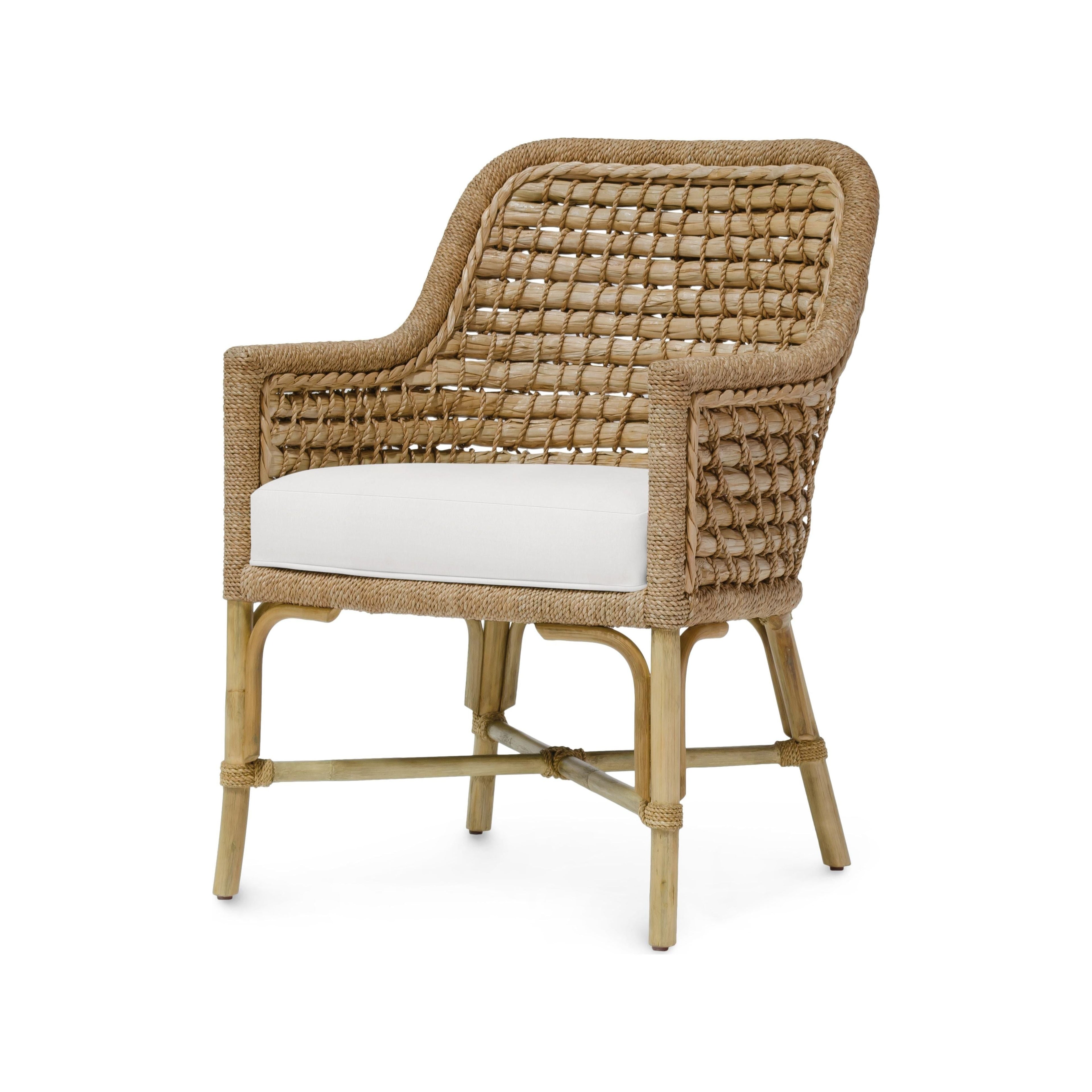 Coastal Rattan & Upholstered Arm Chair with Cushion for Dining Room